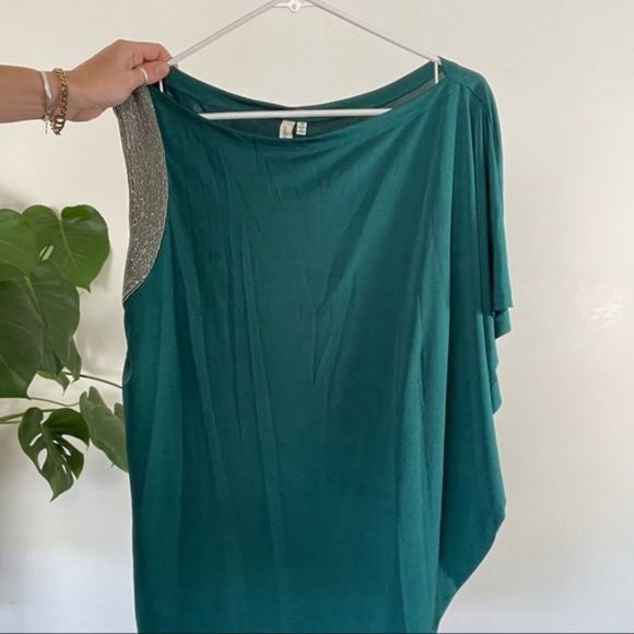 Robbi & Nikki 💚 One Sleeve Blouse Silver Beaded Lined - Picture 4 of 12